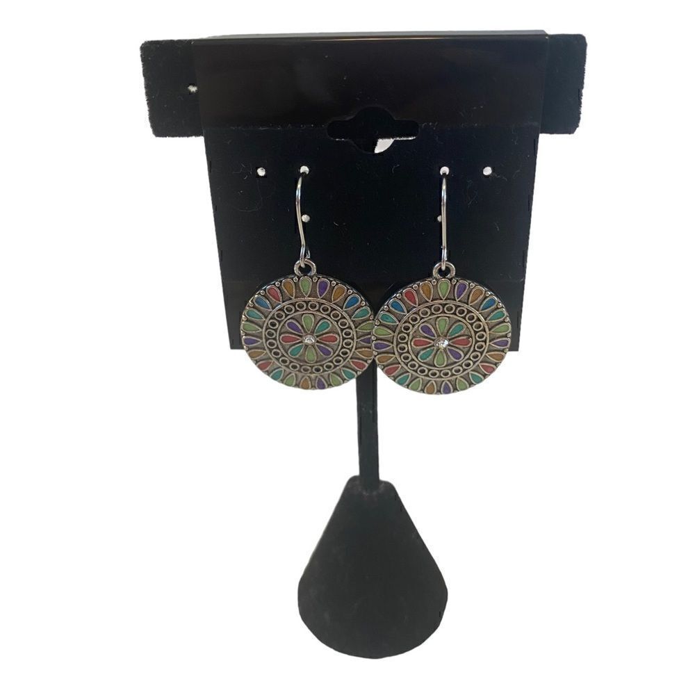 Southwest Style Multi-Colored Silver Toned Disc Earrings.